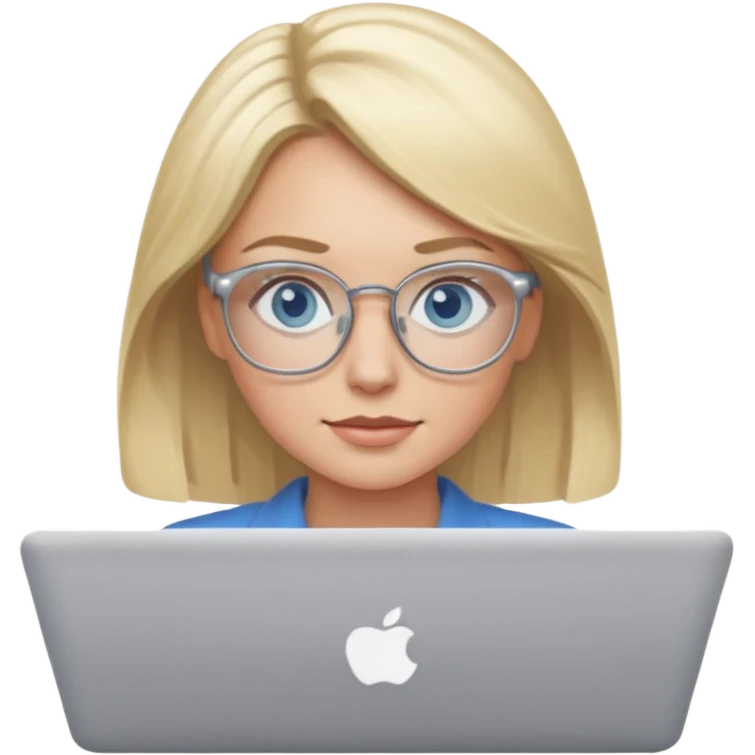 blonde hair woman blue eyes on mac lap top with glasses emoji