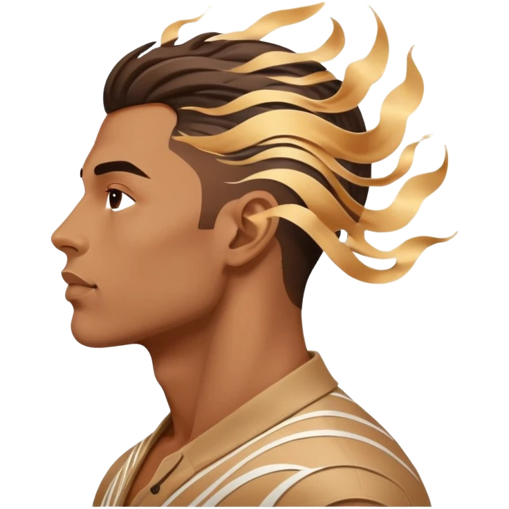 Male profile surrounded by floating fashion elements and energy waves, creative style essence, masculine vibe emoji