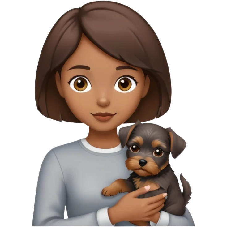 A pretty girl with brown short hair (length just above the shoulders and below the ears) is holding a miniature schnauzer puppy. emoji