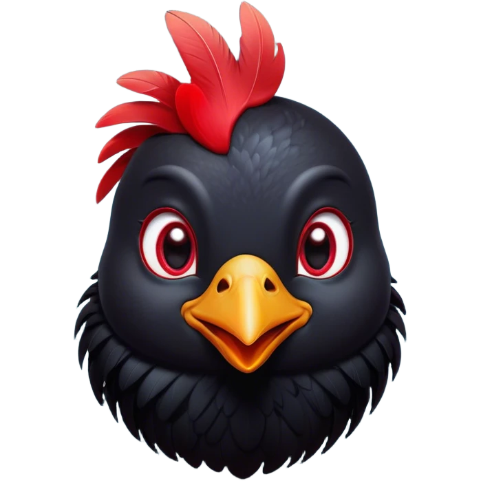 Cinematic Cute Black Chicken Portrait Emoji, Head tilted playfully and inquisitively, featuring sleek, lustrous black feathers and a vibrant red comb, round, sparkling beady eyes filled with curiosity, Simplified yet irresistibly adorable features, highly detailed, glowing with a warm, friendly glow, high shine, affectionate and lively, stylized with a touch of whimsical charm, bright and endearing, soft glowing outline, capturing the essence of a mischievous yet loving chicken, so playful it feels like it could peck out of the screen and into your arms! emoji