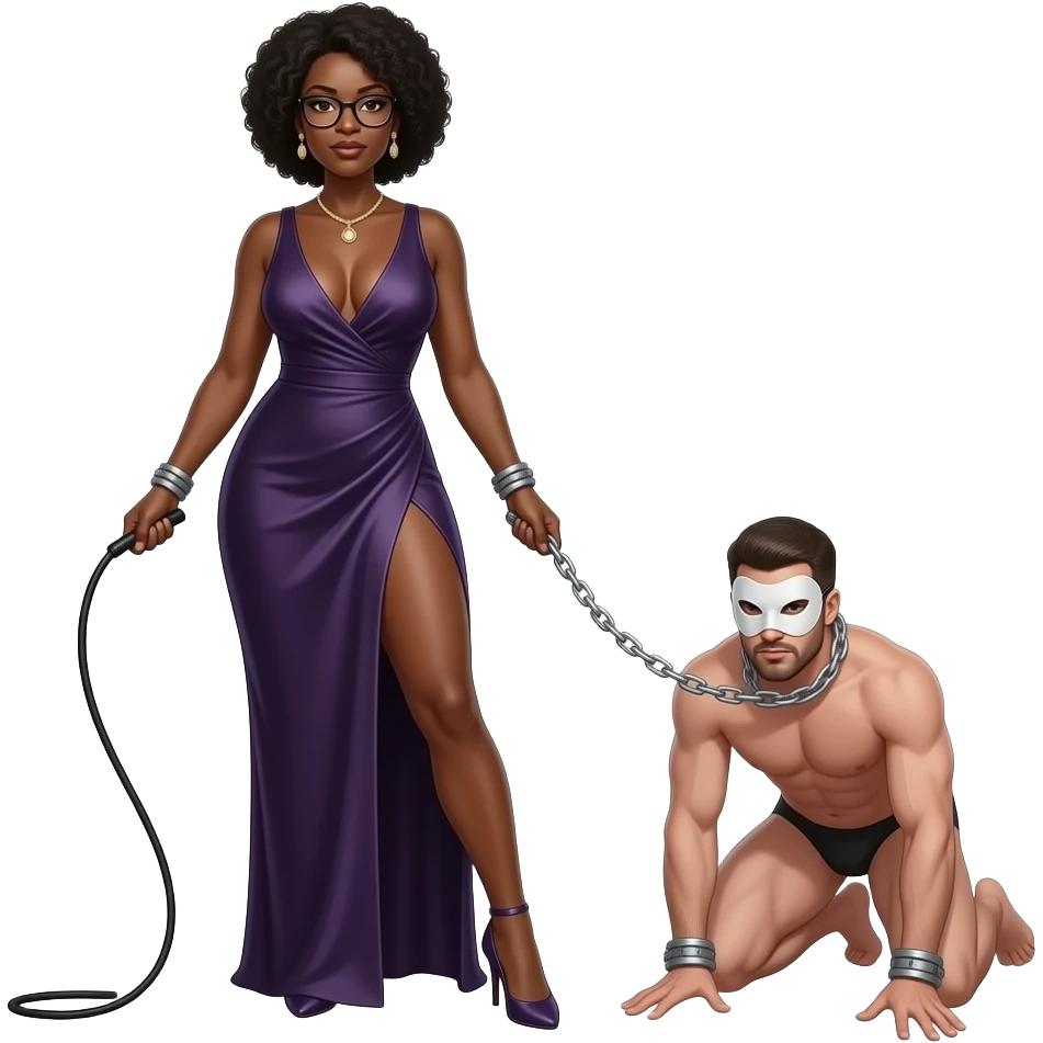 africaine dominatrice tres mince et tres  noire visage 50 ans fin lunettes debout robe decolletee profond fluide fendue  une jambe nue passant dans la fente fouet souple dans la main chaine dans la main droite droite talons aiguilles debout  homme blanc nu masque prosterné chaine au cou emoji