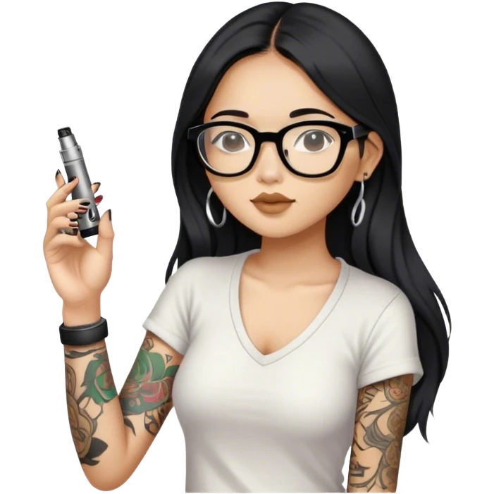 Black hair long hair Asian girl, wearing slippers, glasses, only！ one arm tattooed, smoking an e-cigarette emoji