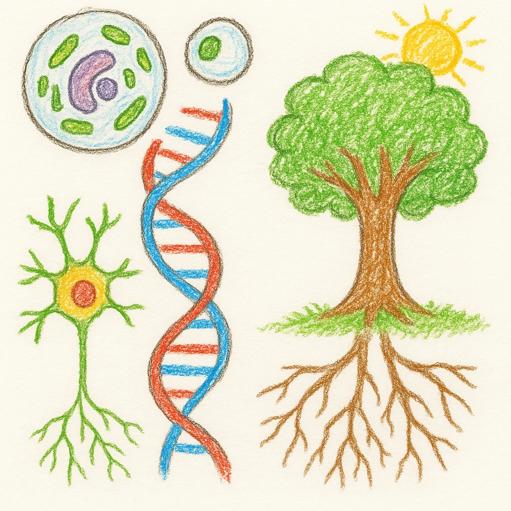 A realistic biological illustration (like in a school book) showing: DNA strands transitioning into a tree, cells with visible organelles, neurons connected to plant roots  and a balanced ecosystem background . Seamless integration, no labels or borders, complete white background (not off white!), detailed but minimalist.  emoji