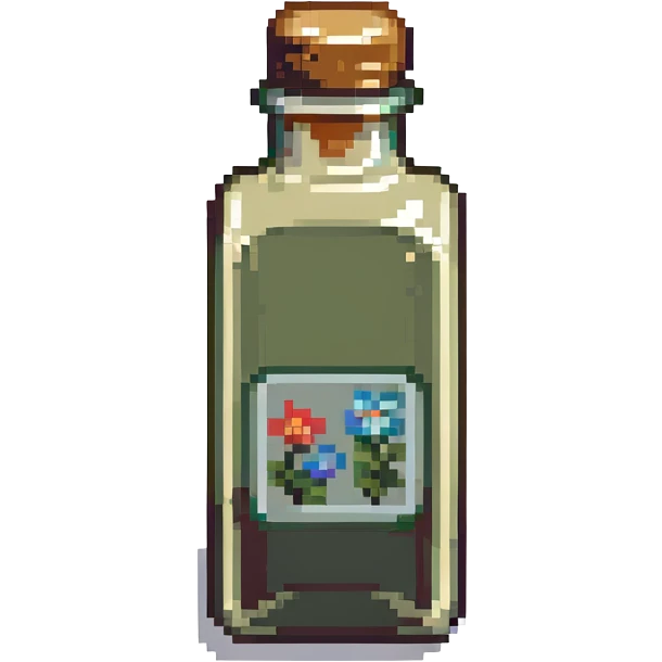 small square bottle with a label in pixel art style emoji