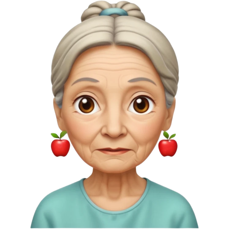 emoji of an elderly woman with wrinkles, hair tied back, serene expression, Apple emoji style emoji