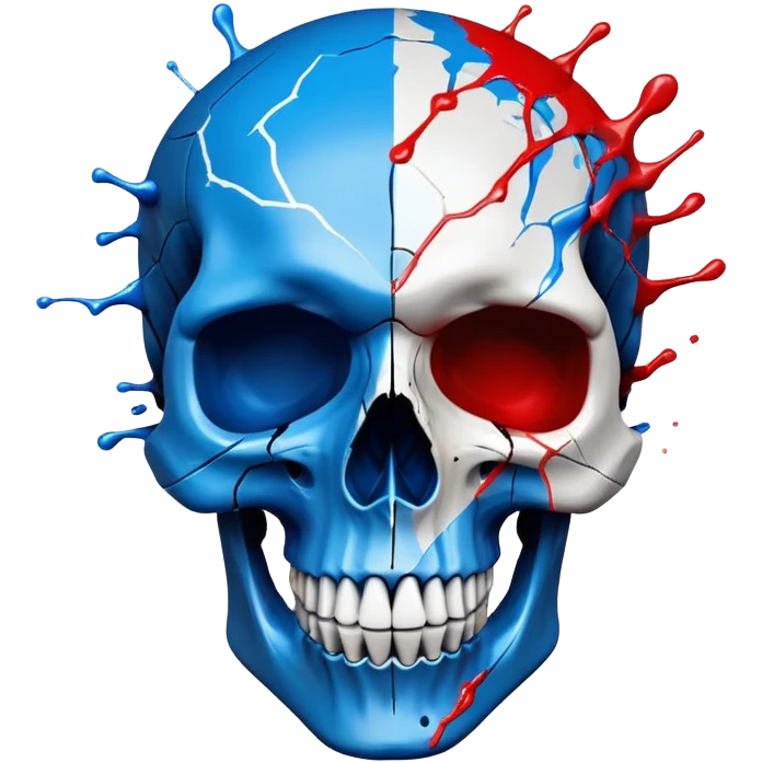 premium black skull with geometric brand patterns, striking electric blue and red paint splashes only within skull contours, perfect detailed fine art quality, three-quarter view emoji