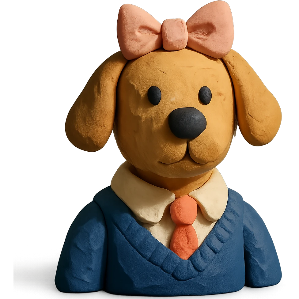 preppy dog with a pink head piece bow in claymation style emoji