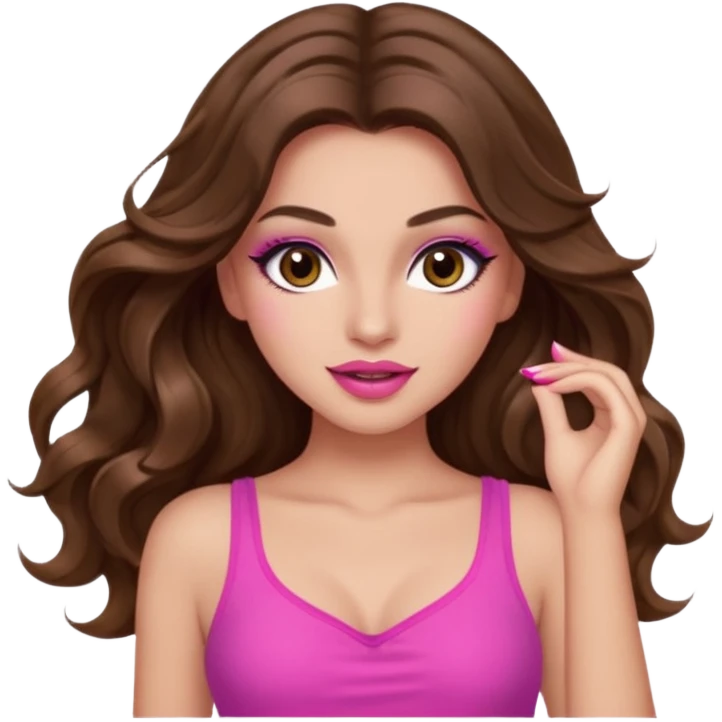 girl with long wavy brown hair, brown eyes, long lashes makeup, sexy pink lips, light to medium complexion, pink sexy top, dancing emoji