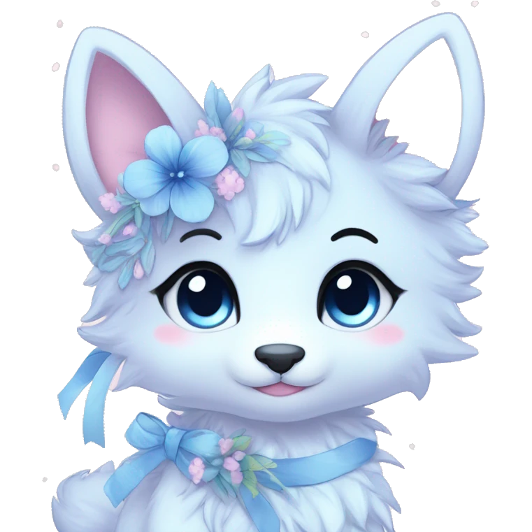Anthro Cute Cool Blushing Pastel Innocent Shy Kawaii gorgeous sparkly ethereal fantasy anime animal creature with blue eyes furry sona with flowers and ribbons beautiful aesthetic emoji