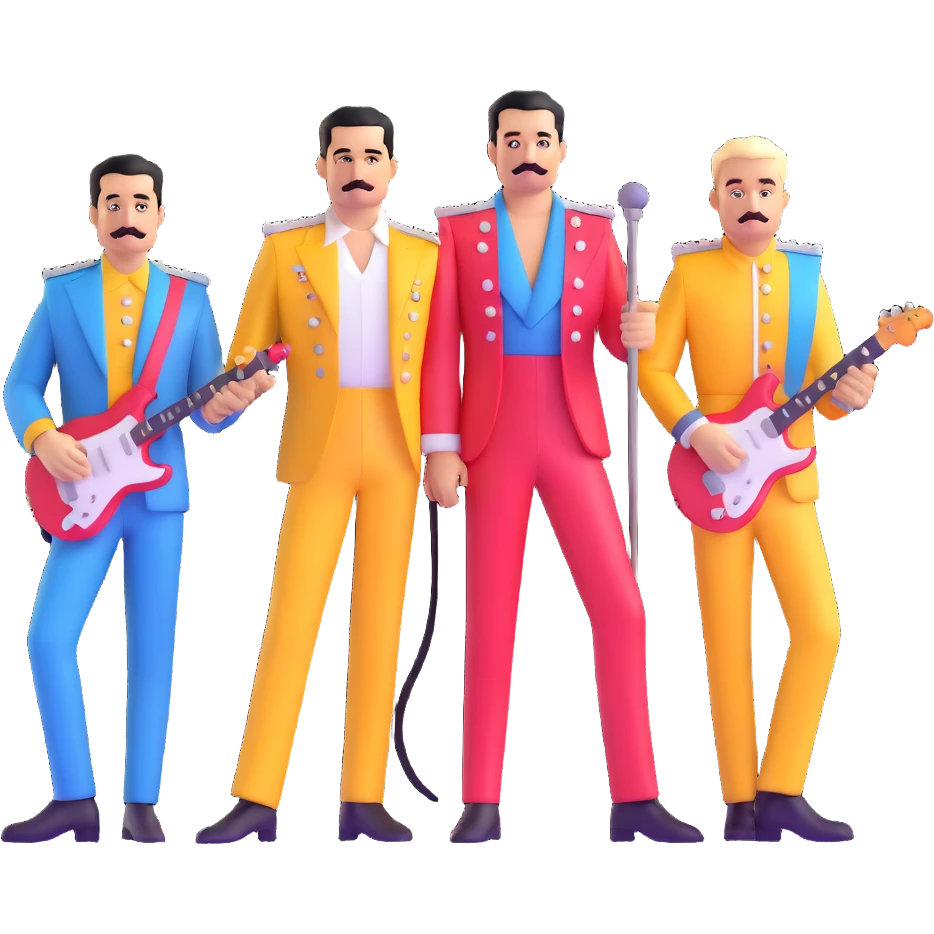 Freddie Mercury with Queen band members in colorful outfits emoji