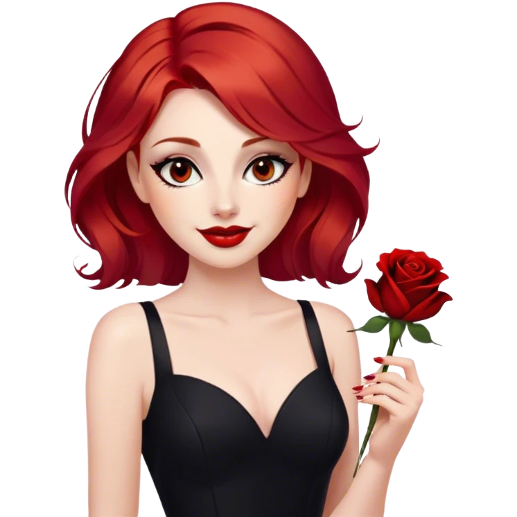 a beautiful woman with red hair and red eyes. The woman wear a black little cutted dress. She have red lipstick and she have a seductive look and smile. She have a rose flower in her hair emoji