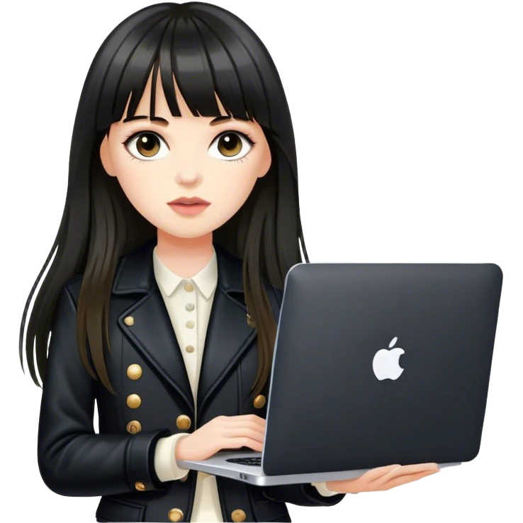 Beautiful white girl, with dark very long hair with bang, wearing black Chanel jacket, holding MacBook  emoji