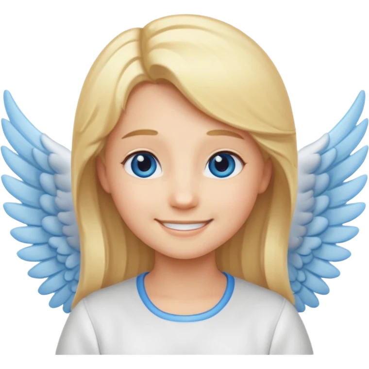 angel emoji blonde hair, blue eyes and smiling, larger wings with darker outline on them and bigger smile and more smiley eyes emoji