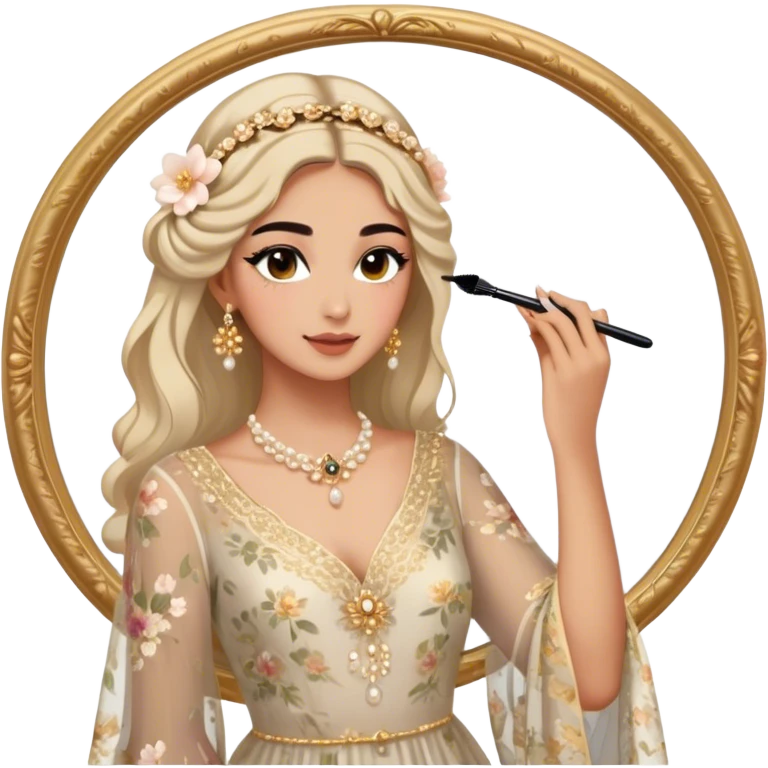  Middle Eastern-inspired moment of a woman getting ready in front of a mirror. She wears a delicate floral dress with sheer, flowy sleeves, accessorized with gold jewelry and traditional pearl-adorned hair clips. Her  as she applies mascara and eyeliner , her reflection revealing a soft smile.  emoji