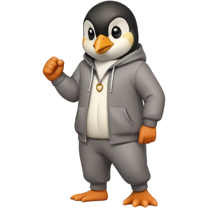 friendly anthropomorphised penguin wearing a mafia-style tracksuit, secretive scheming pose, angry expression, stomping while walking, holding a knuckle duster emoji