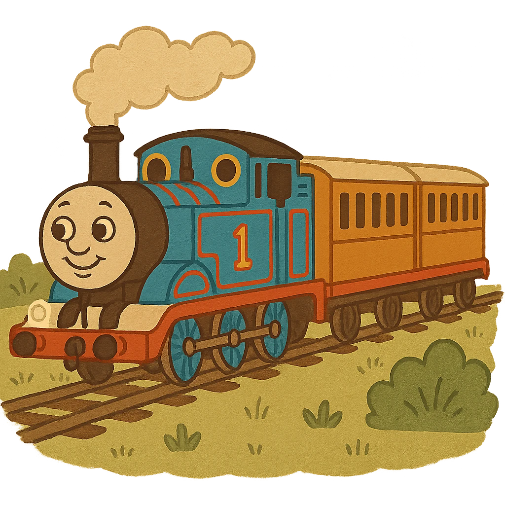 Thomas the Tank Engine pulling Annie and Clarabelle, classic blue train with friendly face, two orange and cream coaches, cheerful, vibrant, suitable for children, no text emoji