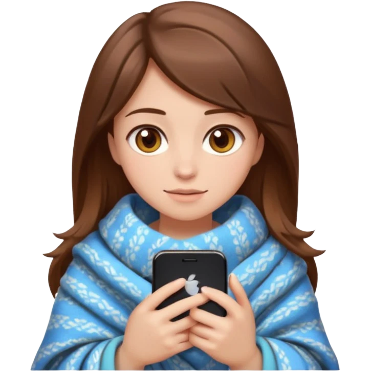 создай девушку с телефоном в руках (айфон) в стиле Emoji  iOS. 
У девушки длинные коричневые волосы, карие глаза, она сама светлая кожа, без макияжы, сидилит укутавшись в плед emoji