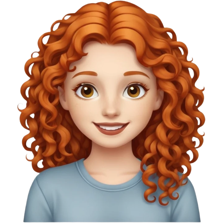 Happy girl with makeup and long curly ginger hair with a casual clothing style emoji