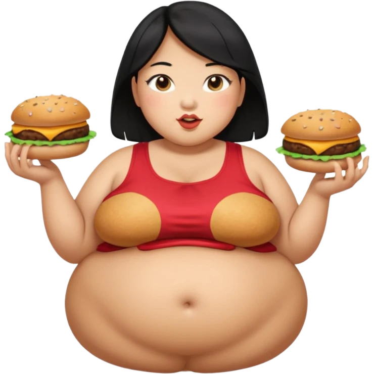 create a humongous asian girl with black hair, with 2 burgers and a cookie in her mouth, she is super obese, please make her a full body emoji, mega huge tummy   emoji