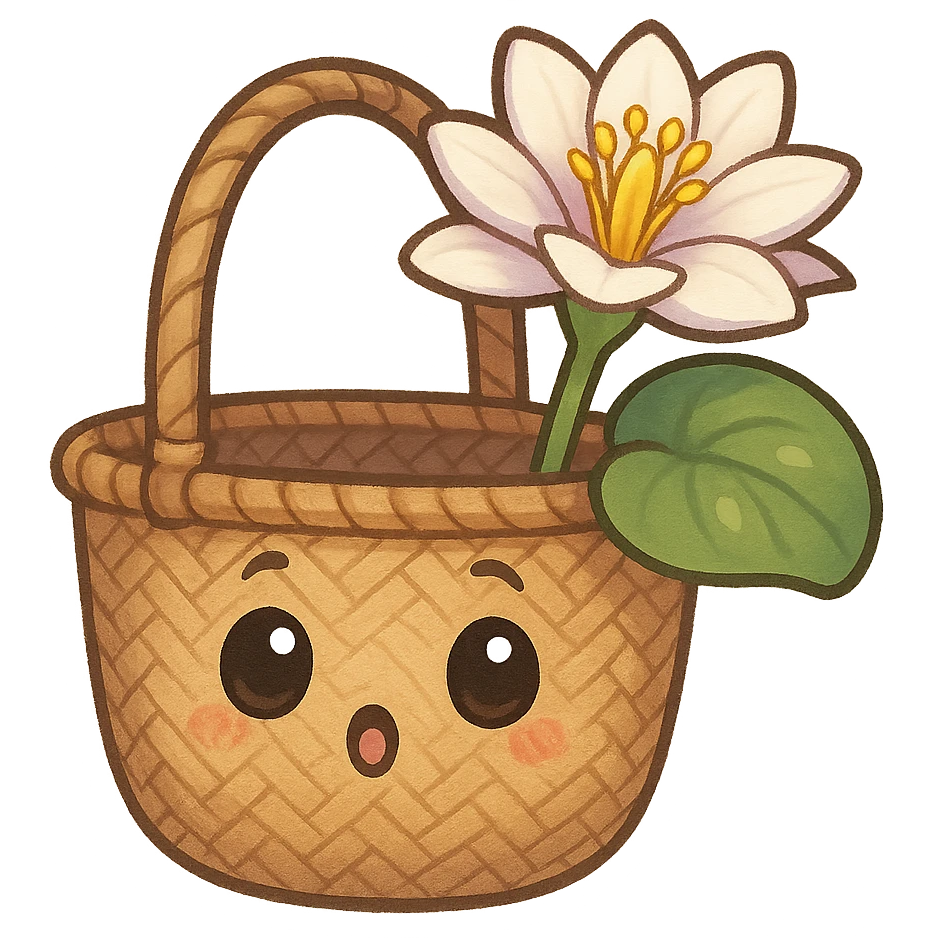 mascota para proyecto productivo, bolso artesanal con lirio de agua brotando de su interior, expresión curiosa y divertida, detalles de tejido y pétalos emoji