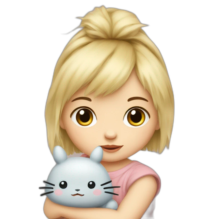 bébé fille blonde décoiffée avec une peluche Totoro  emoji