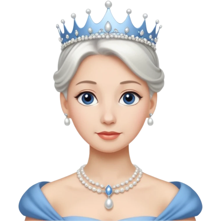 Queen with white bun hair – silver tiara, pearl necklace, elegant gown, blue dress emoji