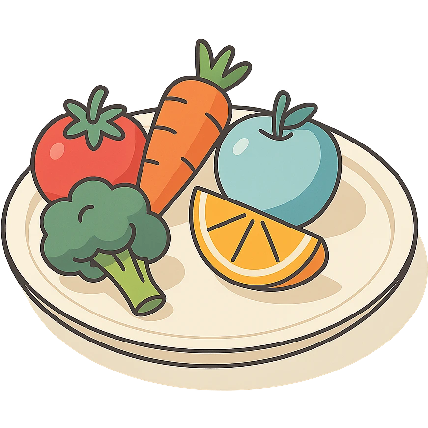 Harvard plate with vegetables and fruits, 2D isometric style, minimalist background, soft shadows and highlights, transparent background, vegetables and fruits mixed on the plate emoji