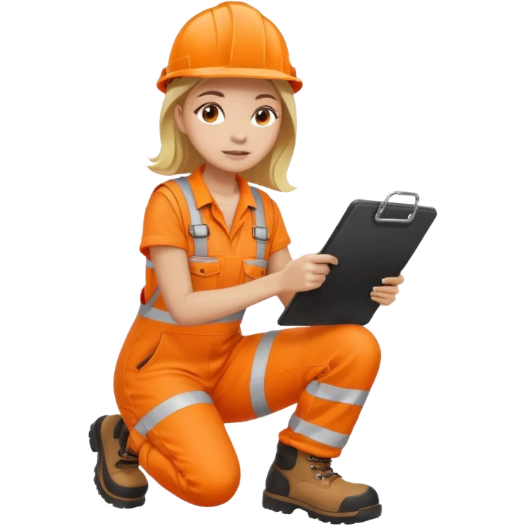 woman in orange hi vis overalls and boots holding a clipboard, crouching emoji