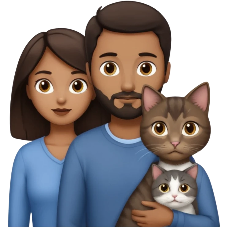 Make a couple and a cat emoji. The first person is a man with dark brown hair and a beard that’s not to long. The other person is a woman with even darker brown hair and is a little brown skinned but not much. The cat is 15weeks so little and grey and white with a little brown on her face and chest emoji