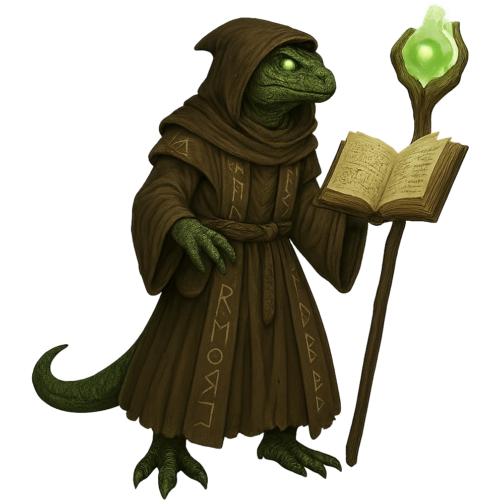 Add a floating magic book to the lizard man wizard, keeping the fantasy magical style. The image should have no background. emoji