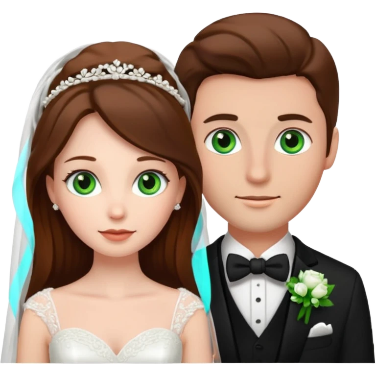 bride and groom white skin brown hair, groom has green eyes emoji