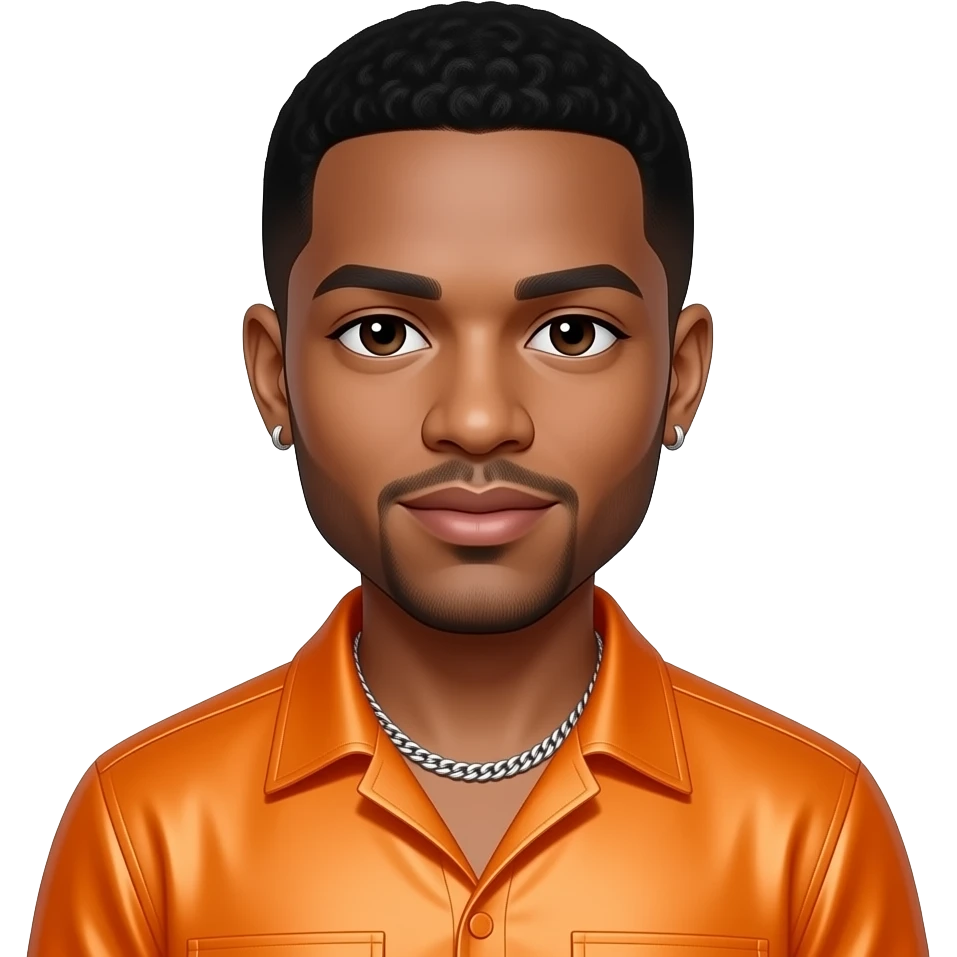 Trey Songz with dark brown eyes, black hair, orange metallic shirt, silver necklace and short earrings emoji