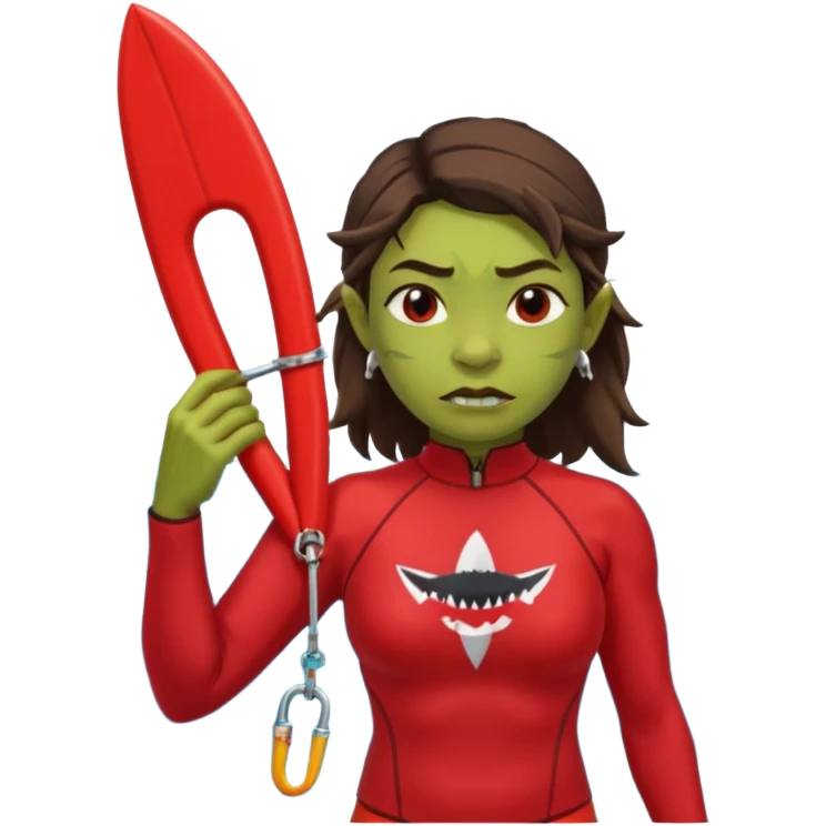 orc female in rescue tube, scanning horizon. Rash guard, shark tooth necklace emoji