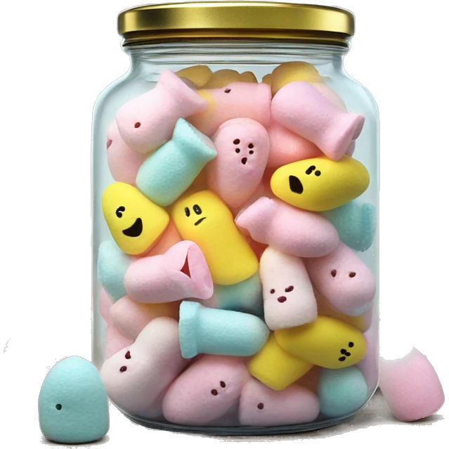 Realistic easter candy Peeps marshmallows in a glass jar with a gold screw on lid on the top. emoji