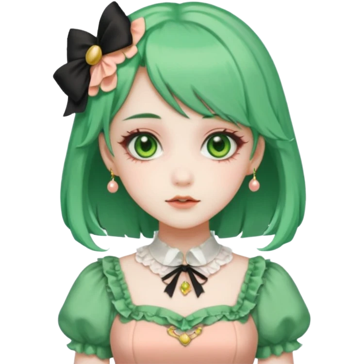 sweet lolita with green hair, gold eyes, white skin, wearing a peach dress emoji