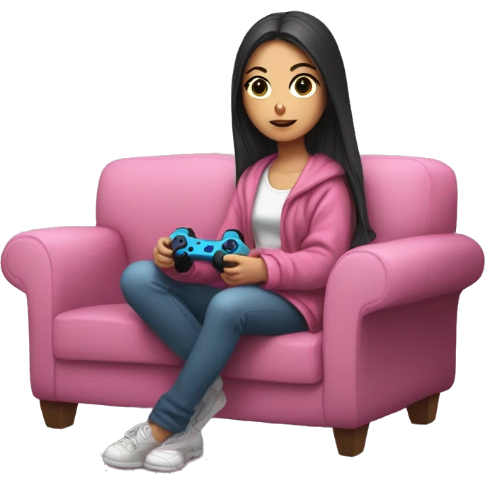 White girl with dark hair wrapped up in a blanket sitting on a couch with a pink gaming controller in her hands emoji