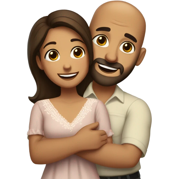Brown-haired Puerto Rican woman with dark brown eyes wearing a cute blouse giving a comforting hug to a short, bald man with brown eyes, laugh lines, and a beard emoji
