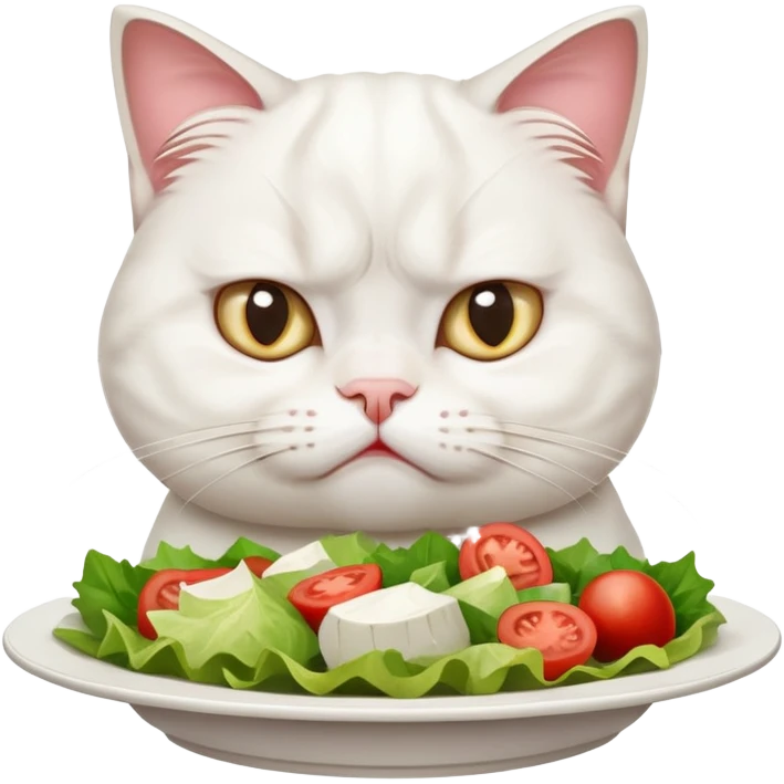 grumpy white cat sitting at a table, looking confused with its ears slightly back. In front of the cat is a plate with a salad with mouth a little open, and Disagree in the cat's face emoji