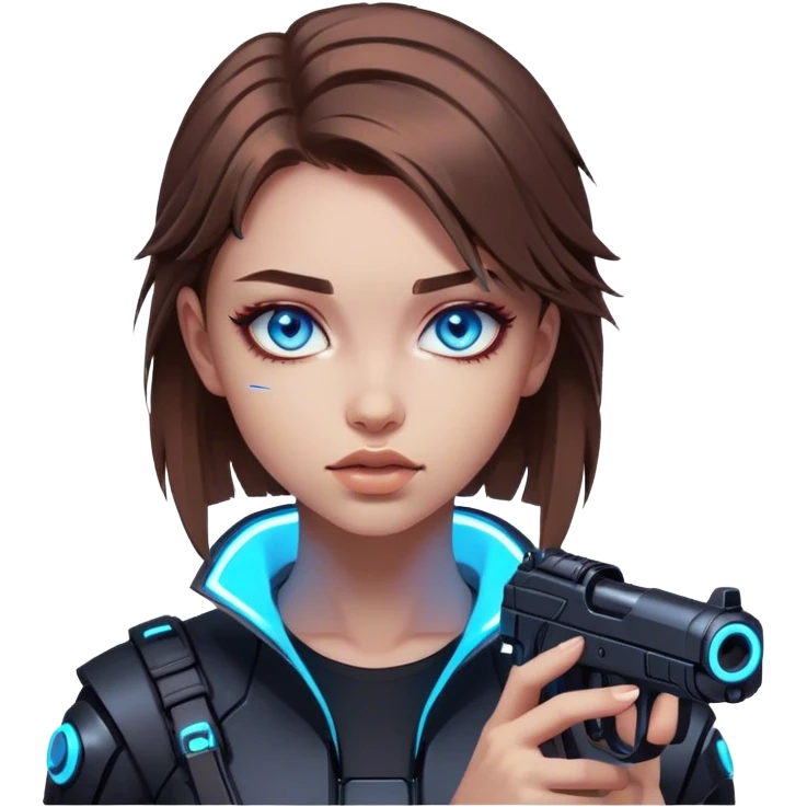 Neon cyberpunk style 
girl with brown hair and blue eyes 
shoots emoji