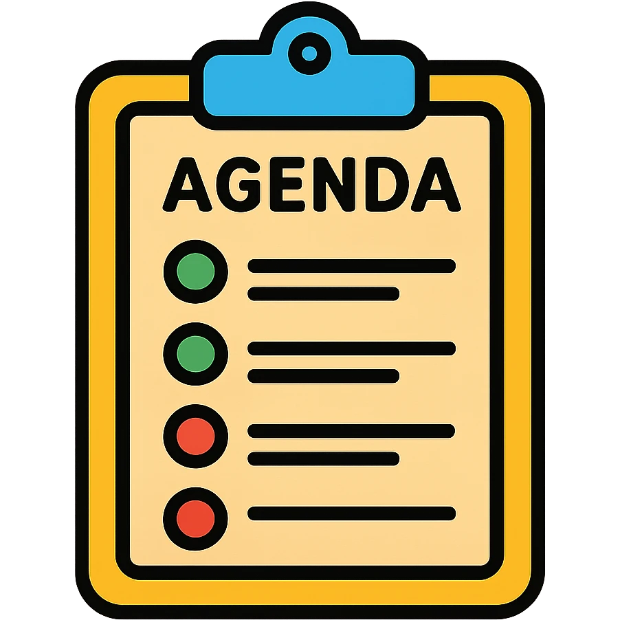 A clipboard with a checklist of meeting agenda items, organized neatly with bullet points emoji
