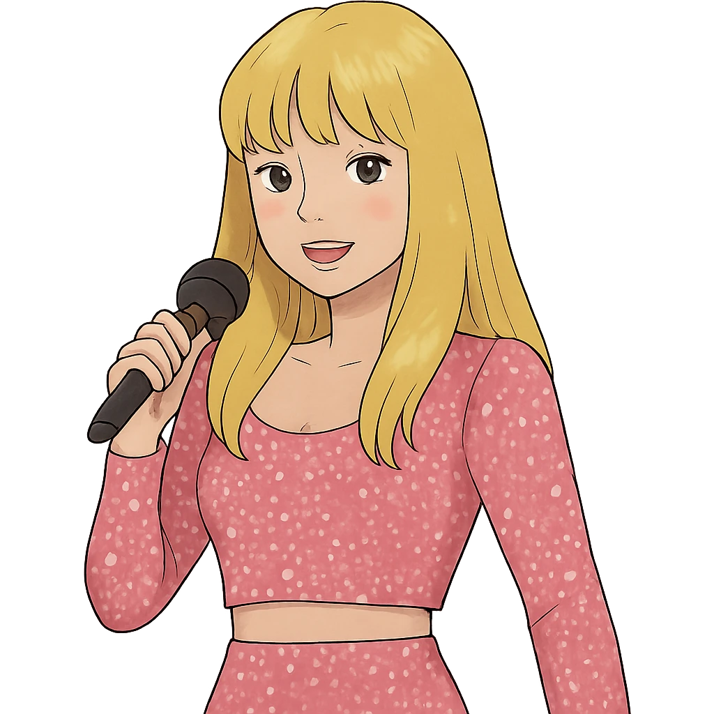 Blonde pop star with bangs wearing a sparkly pink outfit   emoji