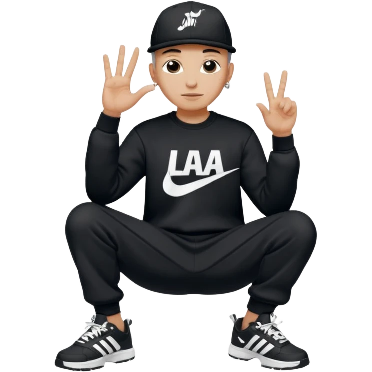 Crea Un Emoji De Cuerpo Completo Que Sea Hombre Con Corte Alucin Que Tenga Gorra Nike, Suéter Negro Que Tenga La Letras LA El La Parte Del Corazón, Zapatos Adidas Con Una Palomita✅, Pantalón Ancho O Bellaco Con Unos Diseños De Palomas Blancas Y Asiendo Una Pose Con Su Mano Que Sea Está 🤙🏽. emoji