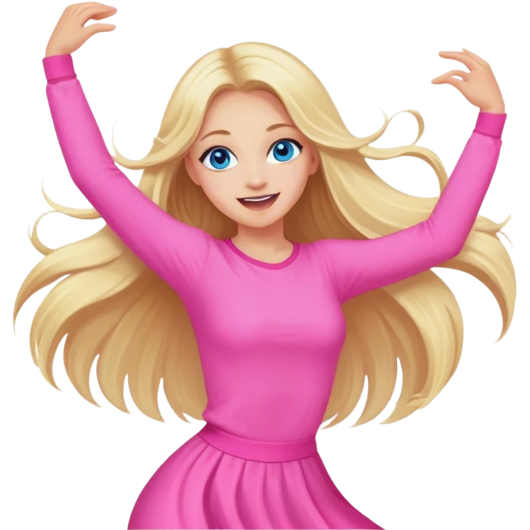 Pretty Blonde with long hair model, blue eyes In pink clothes super excited and happy dance emoji