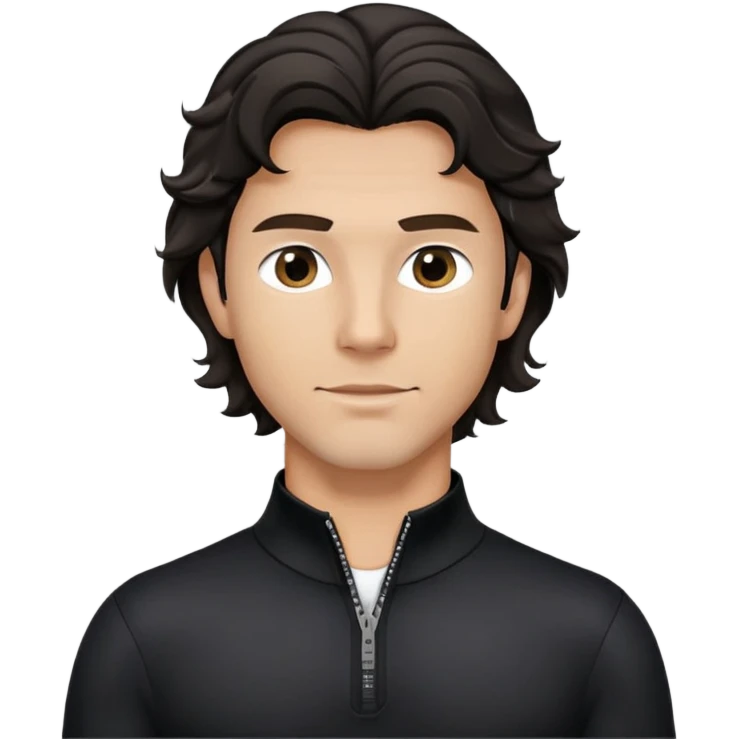 Caucasian man with black wavy hair wearing a long sleeve black spandex shirt with collar and zip to the chest emoji