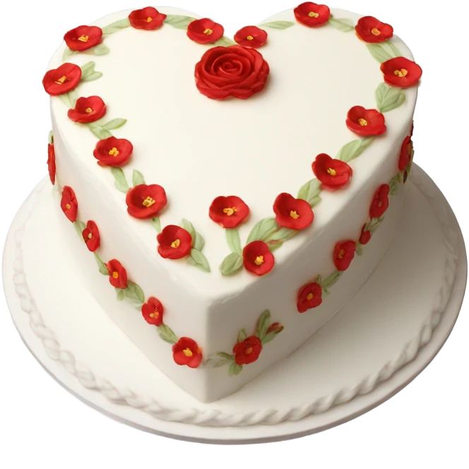 vintage heart-shaped white cake with red flowers emoji