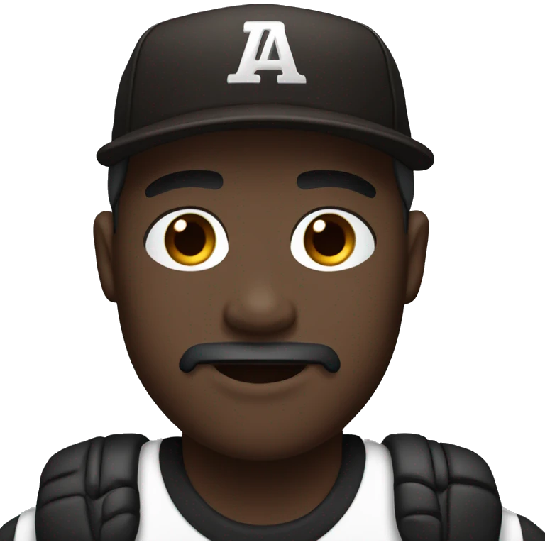 dark skin, goatee, brown eyes, black baseball cap emoji