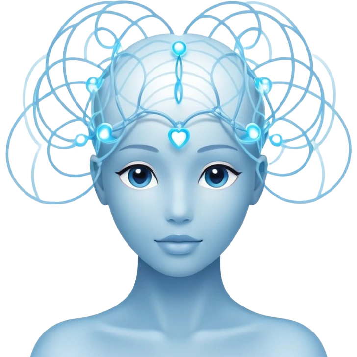 elegant human silhouette with delicate interconnected lines and floating orbs, luminous cores at head and heart, soft white-blue light emoji