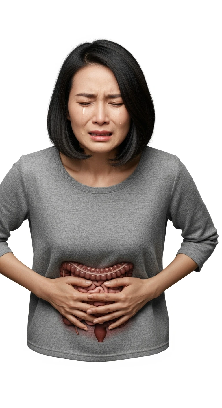 DONNA CHE SI TIENE LA PANCIA DOLORANTE CON INTESTINO VISIBILE, ESPRESSIONE DI DOLORE IN VOLTO, iperrealistico 4k, ISOLATA SU SFONDO BIANCO emoji