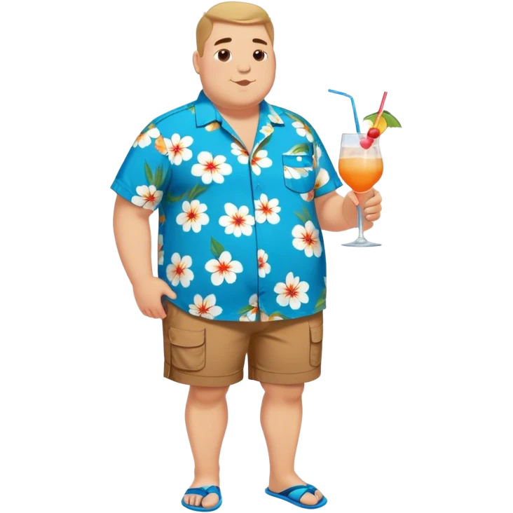 chubby guy full figure in a flowered azure havai shirt, brown shorts and flippers holding a cocktail emoji