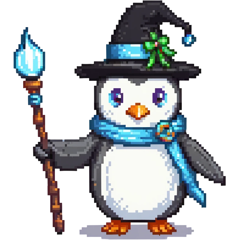 penguin wizard with a pointy hat and magic staff emoji